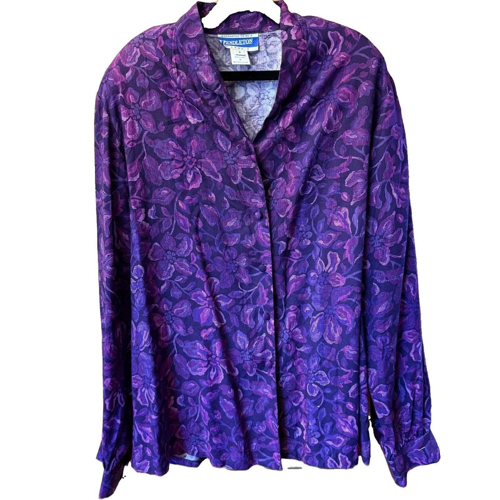 Vintage Pendleton Shirt Size 8 Purple Floral Blouse Long Sleeve Top Classic